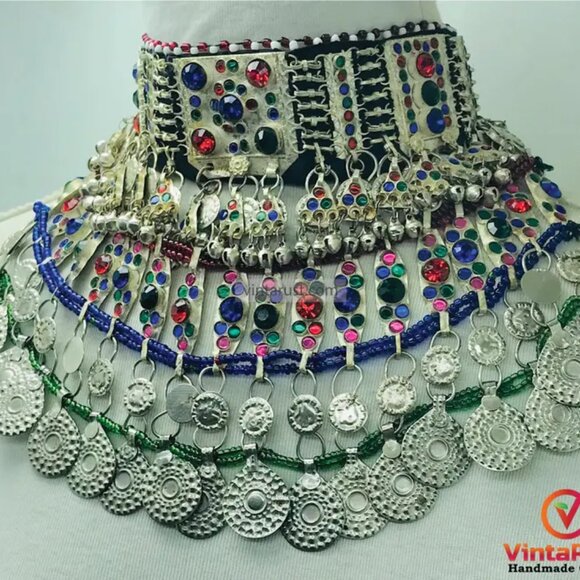 Kuchi Choker Necklace, Kuchi Tribal Multicolor Necklace, Handmade Statement Boho - Picture 2 of 9